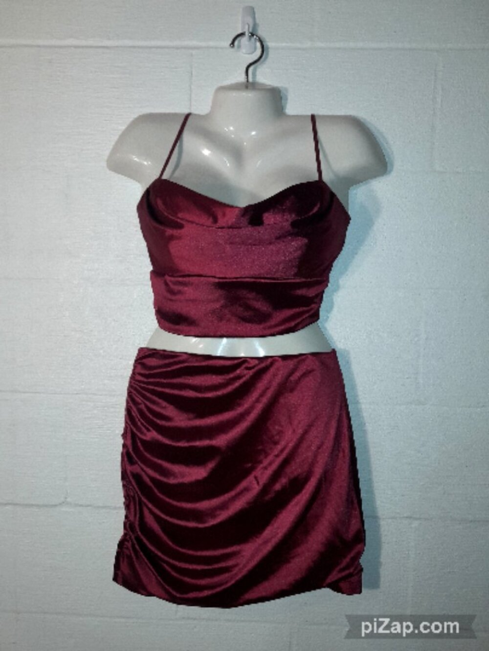 Emerald Sundae Satin Ruched Crop Top & Skirt 2 Piece Set Women's Size L Burgundy